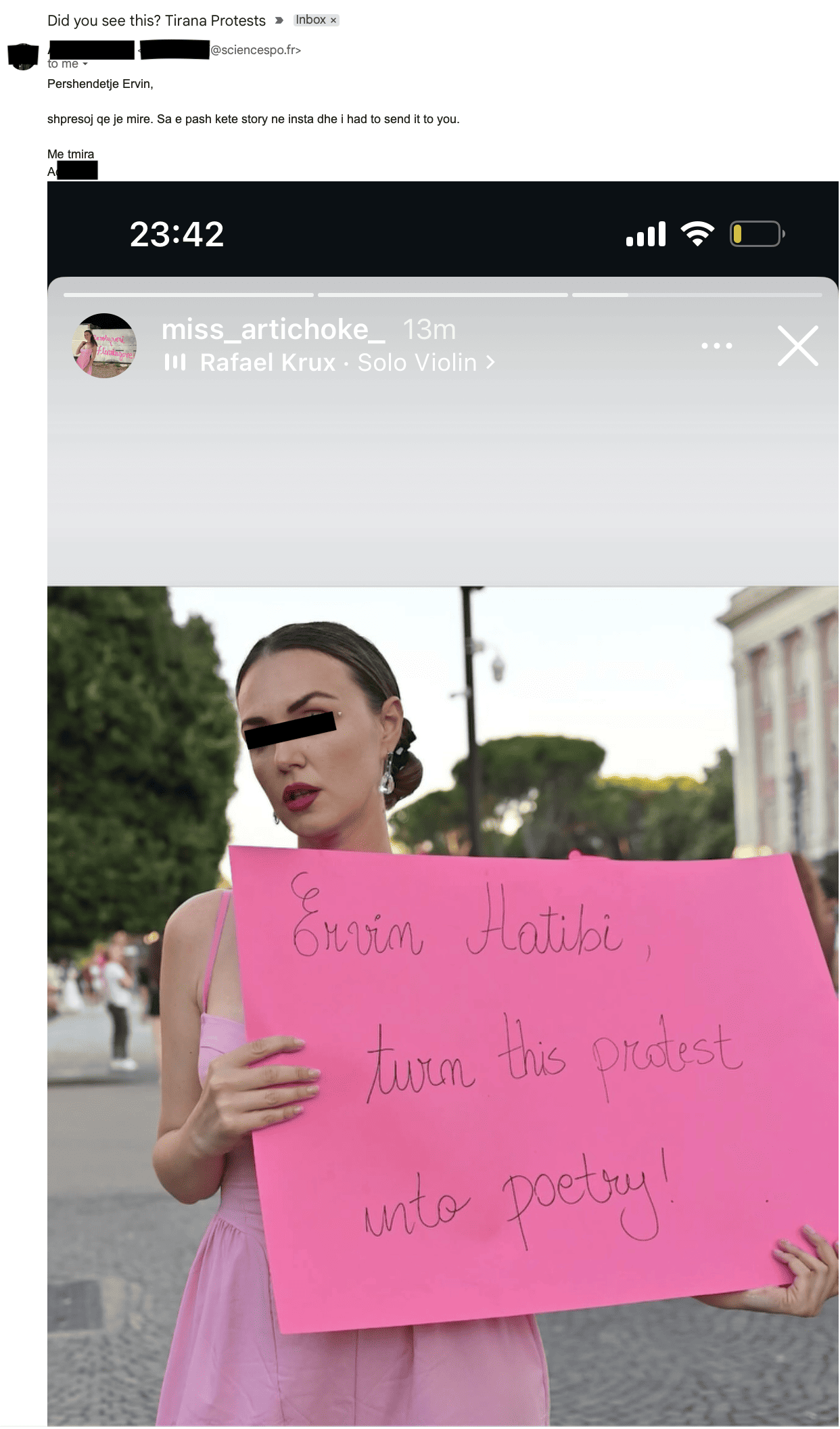 'Ervin Hatibi, turn this protest into poetry', miss_artichoke_